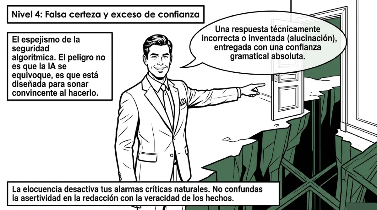 Hombre trajeado señalando con confianza hacia una puerta que conduce a un precipicio.