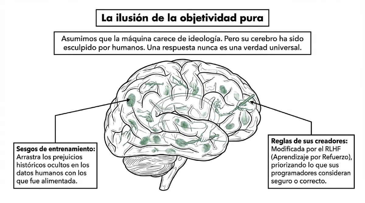 Diagrama de un cerebro humano con marcas verdes indicando sesgos de entrenamiento y reglas de creadores.