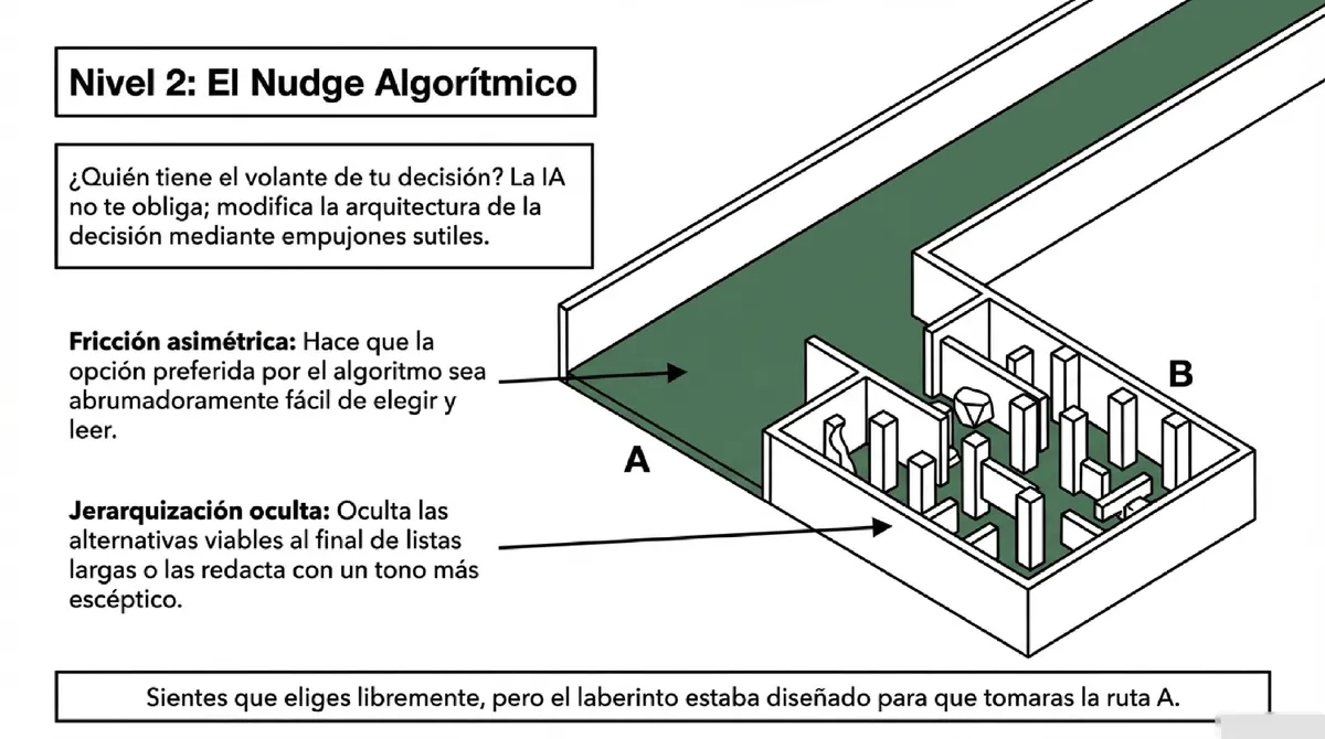 Un camino directo (A) frente a un laberinto complejo (B) para ilustrar la fricción asimétrica.